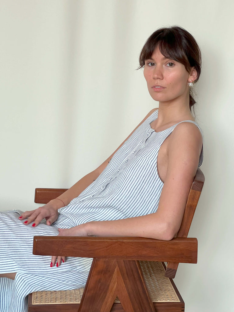 Blue grey striped linen dress. Handmade in Lithuania by Gretes
