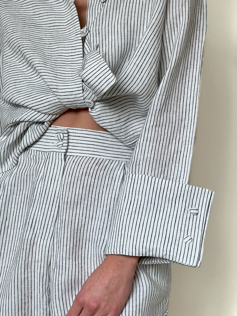 Resort wear. Black Striped Linen Set of Shorts and Shirt. Handmade in Lithuania.