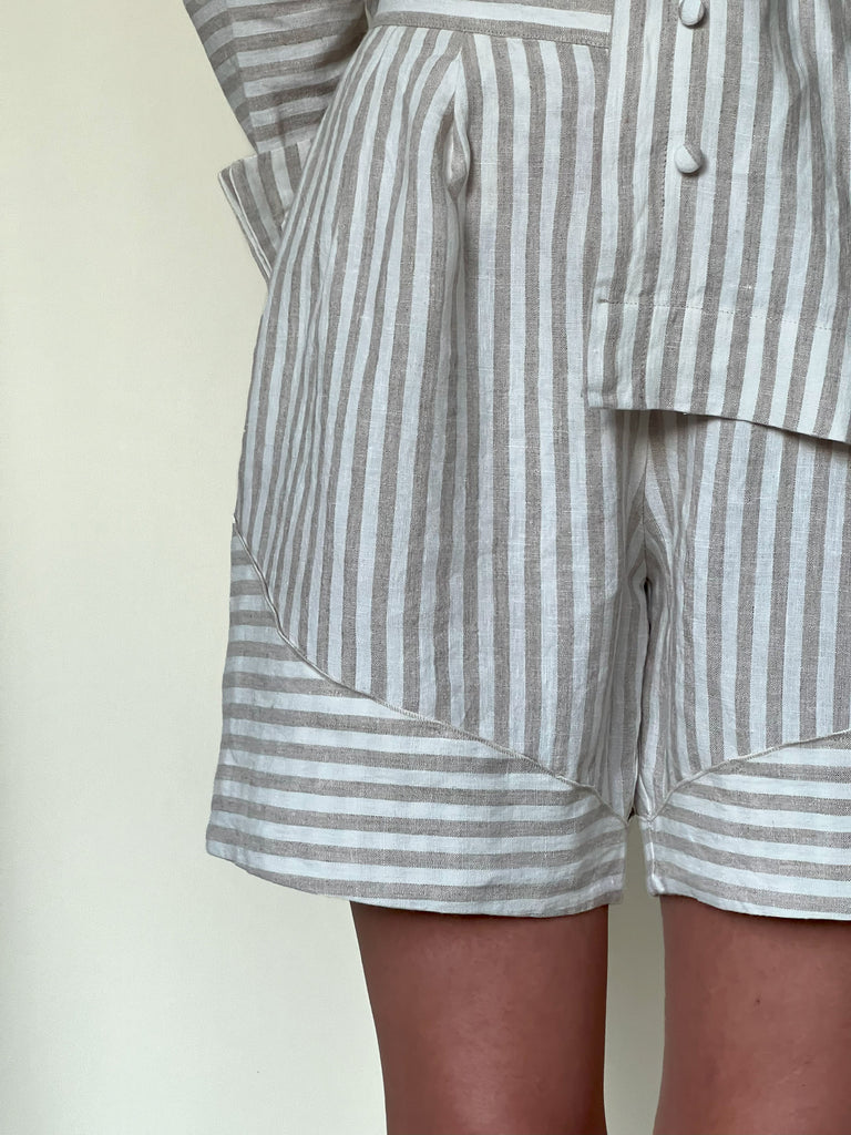 Resort wear. Brown Striped Linen Set of Shorts and Shirt. Handmade in Lithuania.
