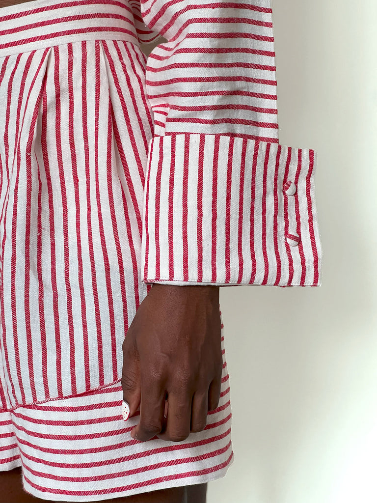 Resort wear. Red Striped Linen Set of Shorts and Shirt. Handmade in Lithuania.